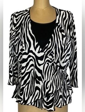 Like New! TanJay Shirt; Zebra Layered Faux Tie Crinkled Blouse; Sz M-XL
